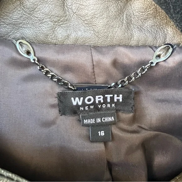 Worth Brown Quilted Leather Luxury Jacket High Neck Zip Front Size 14 - Picture 7 of 10